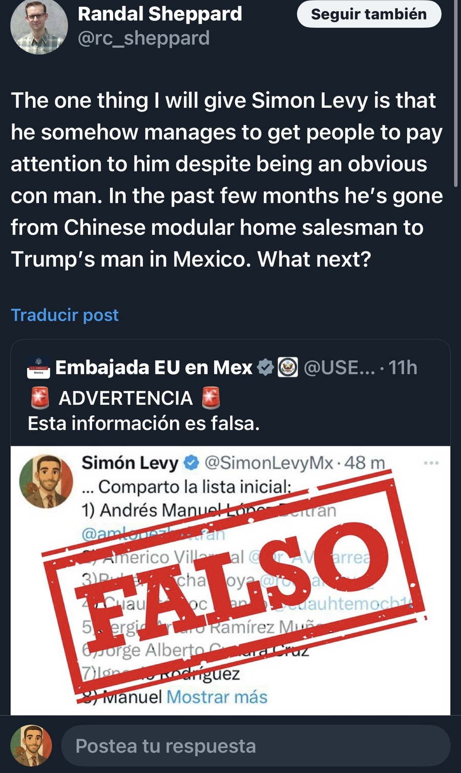 La Embajada de EU en México estampa FALSO sobre el tweet de Simón Levy con la lista de nombres